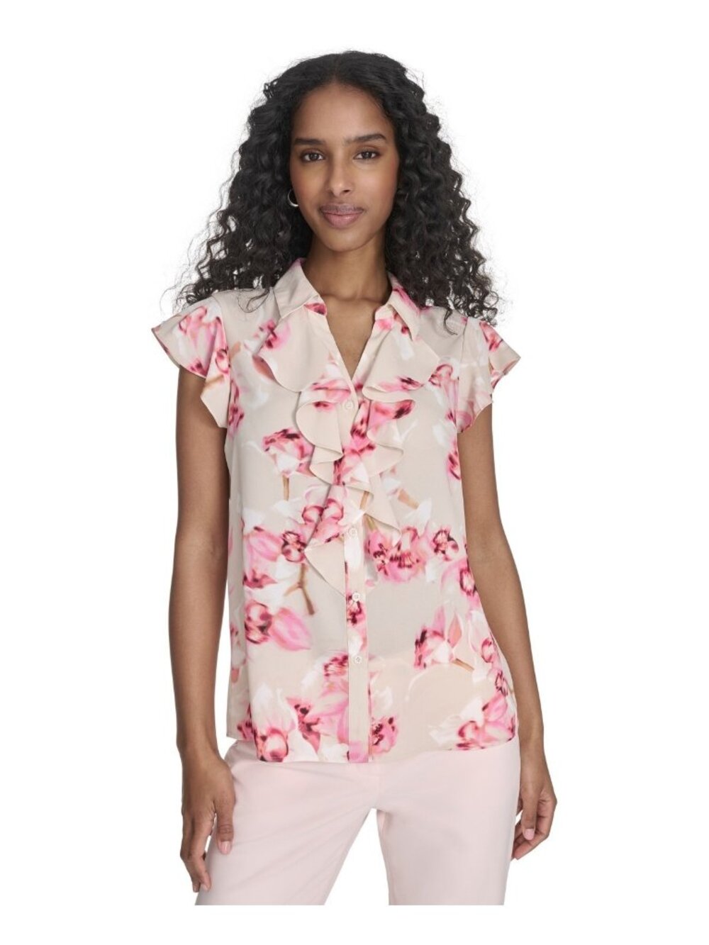 Calvin Klein Printed Ruffle-Front V-neck Blouse Pink Petite Size PXS $69 SALE